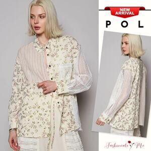 POL Lace Patchwork Floral Print Long Sleeves Button-Up Oversized Shirt | Natural